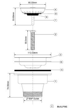 Preview: Technische Zeichnung Korbventil für Spüle ohne Überlauf mit Maßangaben, 114 mm Abdeckung, Gewindevarianten 2 Zoll, vertikaler Abgang